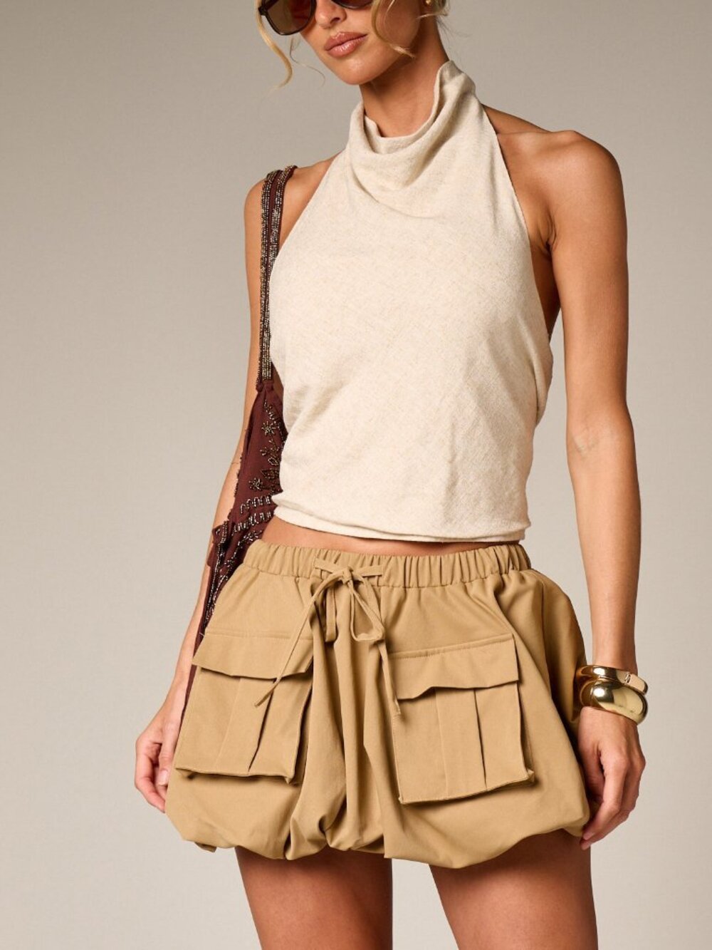 Khaki Casual Women's Pufball Mini Skirt with Cargo Pockets - Picture 2 of 5